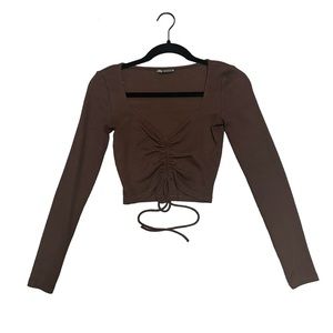 Zara Ruched Tie Front Cropped Long Sleeve